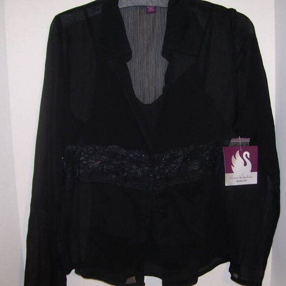 Gloria Vanderbilt Rich Black Sheer Blouse Set With Camisole Accent Bling Beads - Picture 4 of 10